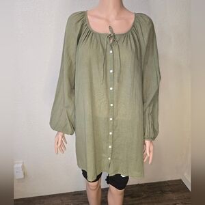 Aerie Oversized Button Down Balloon Sleeve Blouse Green Size S Boho Beach Hippie